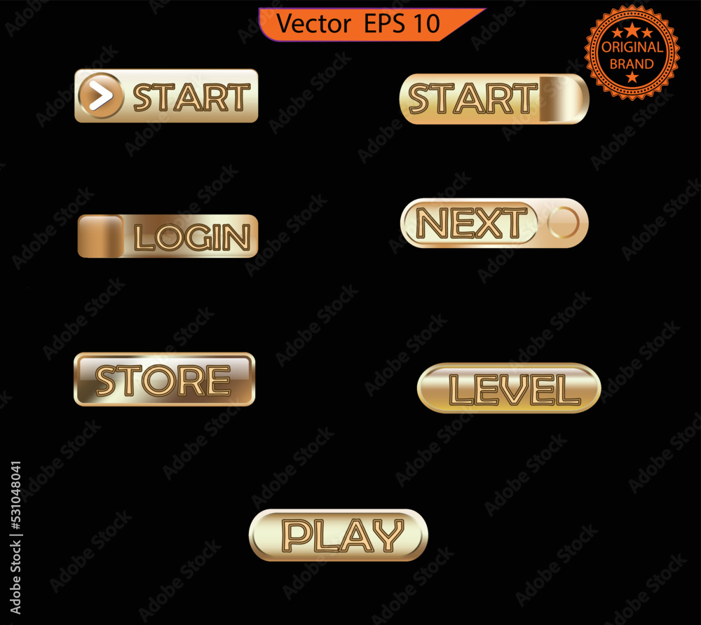 Wall mural set of glass gold buttons and sliders, game ui, game interface, web icons of different forms. gradie