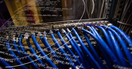 Image of data processing and circles over server room