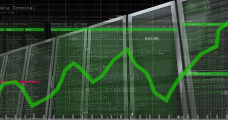 Image of data processing and diagram over server room
