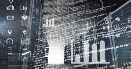 Image of data processing and media icons over server room