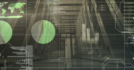 Image of data processing and diagram over server room