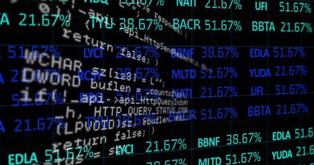 Image of data processing and stock market on black background