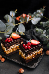 Delicious chocolate cake decorated with fresh berries
