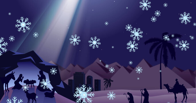 Image of snowflakes over three kings and nativity scene on blue background