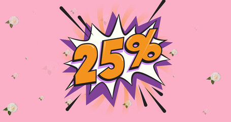 Image of 25 percent text over speech bubble and flowers moving in hypnotic motion
