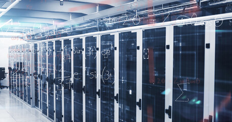 Mathematical equations against empty server room