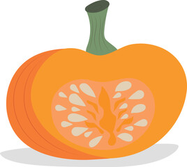 Orange ripe pumpkin in a section with seeds. Flat style. Vector.