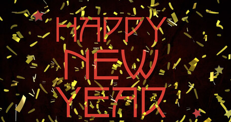 Image of happy new year text in red, with gold confetti on black background