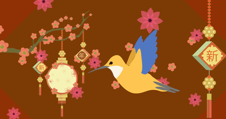 Image of illustration of hummingbird with cherry blossom and chinese lanterns, on brown