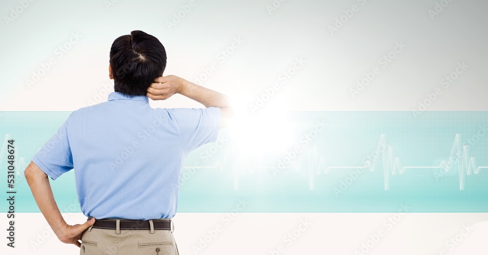 Poster Composite image of confused man against heart rate monitor with copy space on grey background