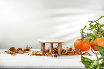 Wooden desk with stone pedestal and autumn leaves. 