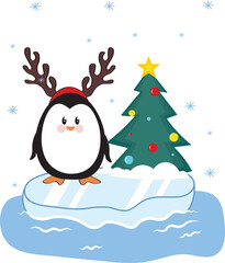 Cute penguin with christmas hat and pine tree