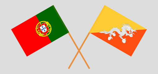 Crossed flags of Portugal and Bhutan. Official colors. Correct proportion