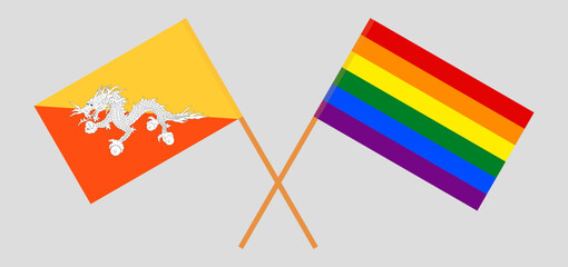 Crossed flags of Bhutan and LGBTQ. Official colors. Correct proportion