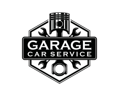 Wrench key with piston engine car for servicing in the garage car symbol icon vector. Crossed wrench for automotive repair engine car illustration vintage logo design