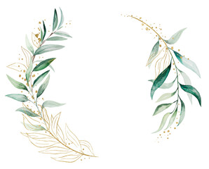 Fototapeta na wymiar Geometric golden wreath made of green watercolor eucalyptus leaves, wedding illustration