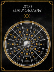 Round Lunar Calendar 2023 Northern Hemisphere. Beautiful moon calendar with main lunar phases with golden texture.
