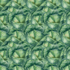 Obraz premium Seamless cabbage pattern. Watercolor background with green leafy vegetable, salad, biennial plants for textile, kitchen decor, wallpaper