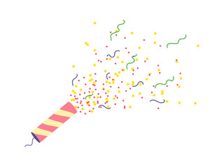 Party Popper with Confetti Plasticine Cartoon Style Symbol of Surprise. Vector illustration of Happy Birthday Cracker