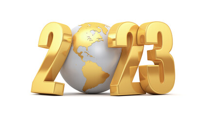 New year inscription 2023 and a golden globe on a white background. 3d render illustration.