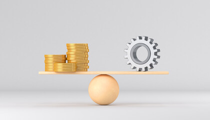 Wooden gear scales and gold coins on a white background. 3d render illustration.