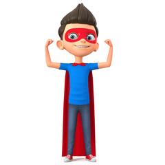 Cartoon character boy in super hero costume. 3d render illustration.