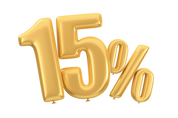 Golden percent balloons on an isolated white background. 3d render illustration. Fifteen percent.