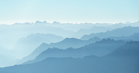 Switzerland, Panoramic view of Foggy Misty Alps at dawn, from Santis