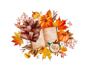 Seasonal greeting card with woolen sweater, book, cocoa with cinnamon, pumpkins, autumn leaves, dry flowers, hydrangea. Watercolor autumn illustration for sticker, invitation, card, print, poster