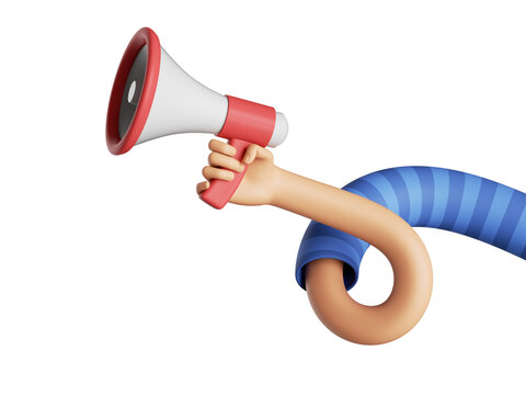 recommend clip art: 3d render. Cartoon character flexible hand holds megaphone. Social media clip art isolated on transparent background. Propaganda concept