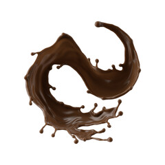 3d render, chocolate splash, cacao drink or coffee, splashing cooking ingredient. Brown beverage. Abstract wavy liquid clip art isolated on transparent background
