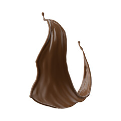 3d render, chocolate splash, cacao drink or coffee, splashing cooking ingredient. Brown beverage. Abstract wavy liquid clip art isolated on transparent background