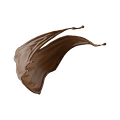 3d render, chocolate splash, cacao drink or coffee, splashing cooking ingredient. Brown beverage. Abstract wavy liquid clip art isolated on transparent background