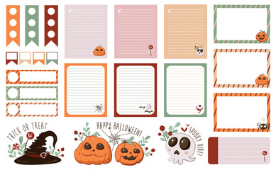 Set of pages, pointers for recording important tasks, reminders not to forget, for a day, week, month or year. Stickers with Halloween symbols. To do this, the sheets are drawn in a cute simple style.