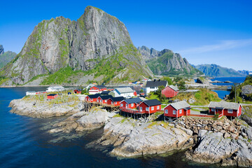 Fishing village with traditional red rorbu in Hamnoy, Lofoten, Norway