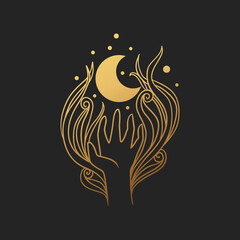 Magic Moon gold astrology. Boho vector illustration.