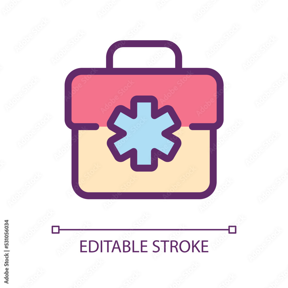Poster medical bag pixel perfect rgb color ui icon. doctor suitcase. first aid kit. simple filled line elem