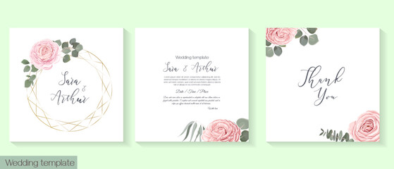 Fototapeta na wymiar Floral vector template for wedding invitations. Delicate pink roses, eucalyptus and gold round frame. 
