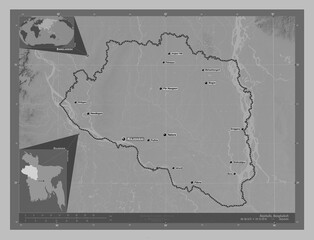 Rajshahi, Bangladesh. Grayscale. Labelled points of cities