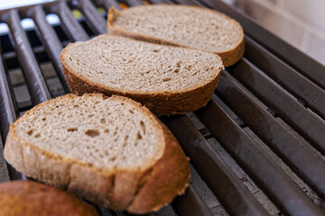 bread slices on an oven