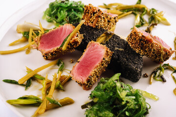 fried tuna with seaweed close up