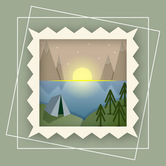 Postage stamp with mountain landscape