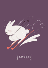 Card with rabbit. Cute bunny skiing. Winter sports. Month january.