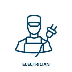 electrician icon from professions collection. Thin linear electrician, electricity, service outline icon isolated on white background. Line vector electrician sign, symbol for web and mobile