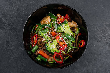 Traditional japanese noodles with vegetables in a plate