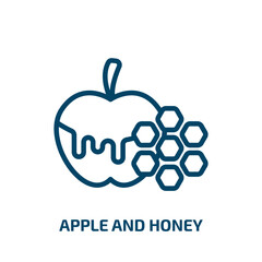 apple and honey icon from religion collection. Thin linear apple and honey, apple, honey outline icon isolated on white background. Line vector apple and honey sign, symbol for web and mobile