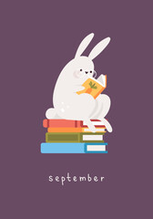 Card with rabbit with round glasses. Cute bunny sitting on books and reading. Month september.
