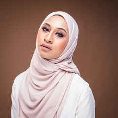 Portrait of a beautiful female model wearing hijab, a lifestyle apparel for Muslim women isolated on brown background. Idul Fitri and hijab fashion concept.