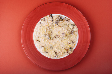 italian baked eggplant parmesan on red plate