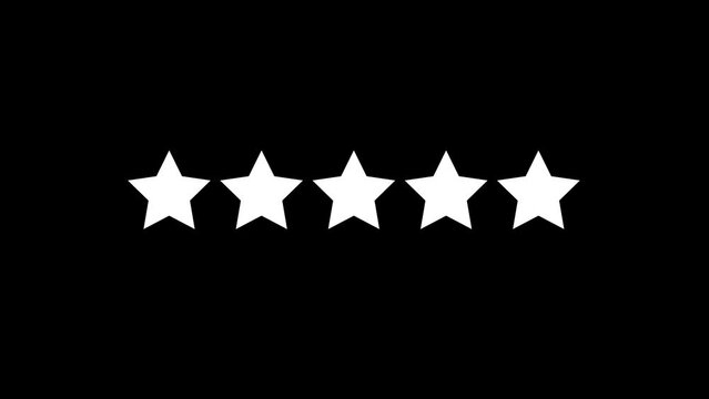 Rating animation 5 yellow stars. Achievements for games. High client rating about work employee of website. Rating score of golden stars from 5 to 1. 4k video